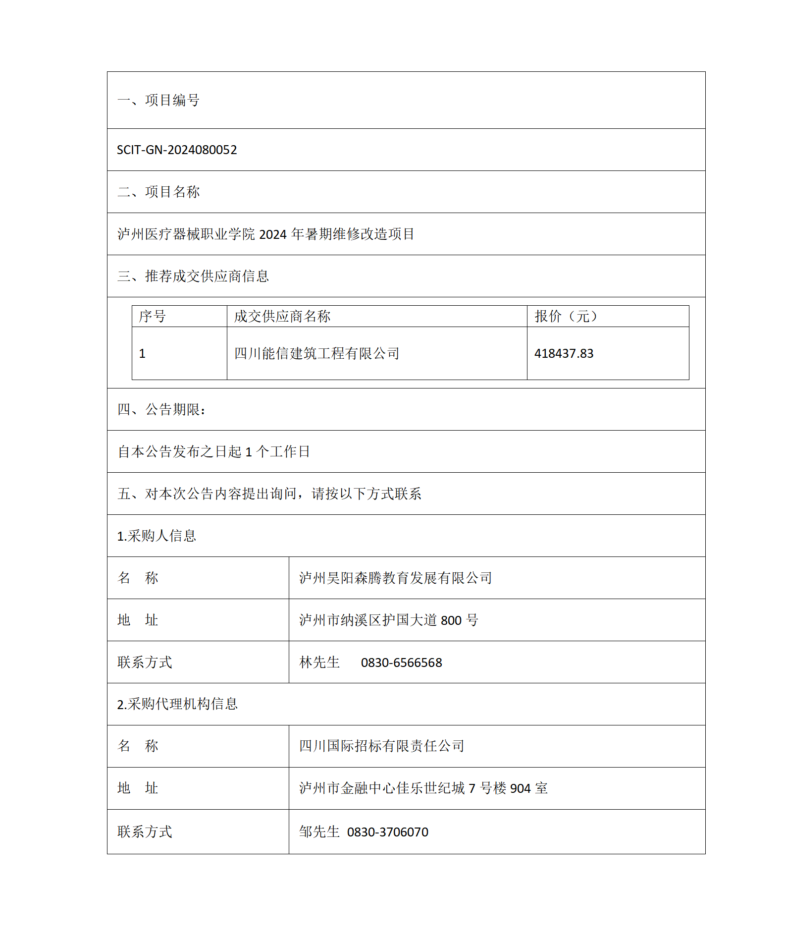 瀘州醫(yī)療器械職業(yè)學院2024年暑期維修改造項目成交結果公告_01.png 瀘州醫(yī)療器械職業(yè)學院2024年暑期維修改造項目成交結果公告_01.png